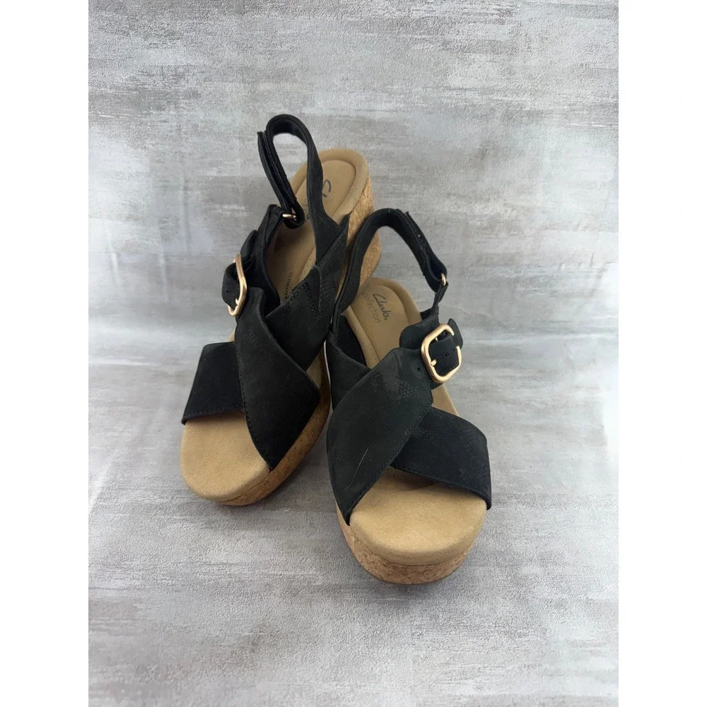 Clarks Collection Black Cork Wedge Sandals Ultimate Comfort Women Size 9.5M